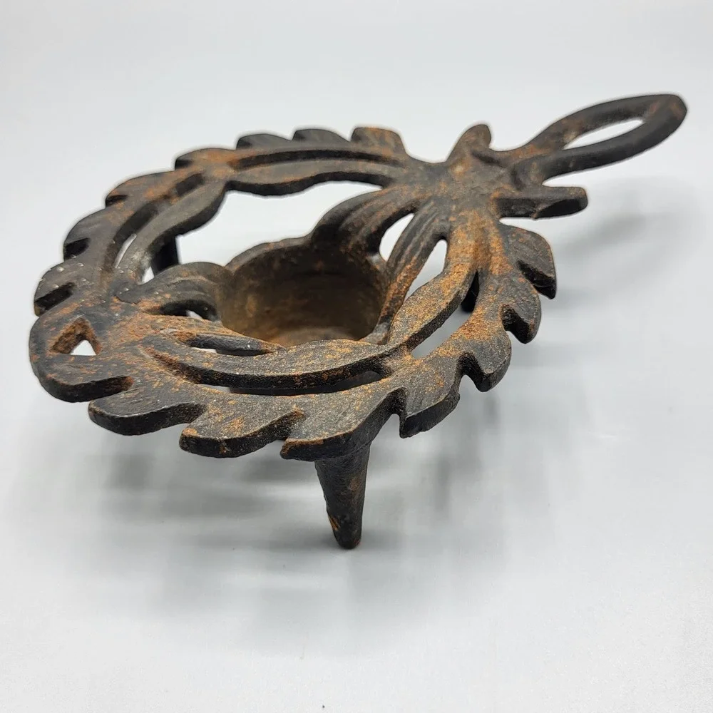 Vintage Cast Iron Trivet Footed Candle Holder Leaf Scroll Design Black Brown